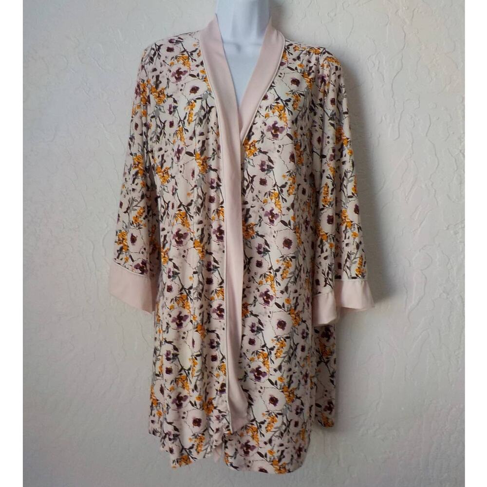 Nanette Lepore Pink Floral Robe Open Tunic Stretch Women sz Large Kimono Duster